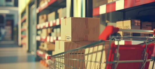 Closeup of multiple cardboard box packages in a warehouse fulfillment center, e-commerce, delivery, logistics and products. 