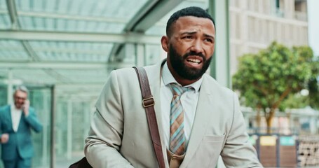 Man, watch and running with bag for deadline, late or career opportunity at airport in the city. Male person or employee checking wristwatch for time, appointment or rushing to work in an urban town