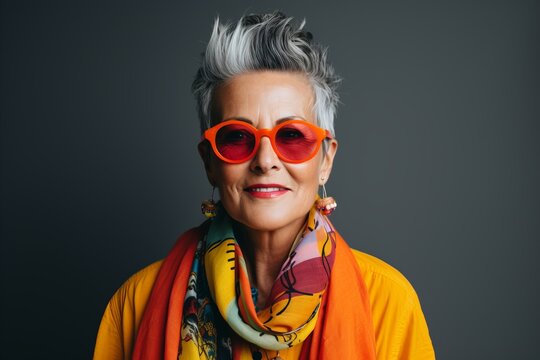 Portrait of a beautiful senior woman wearing sunglasses and a colorful scarf
