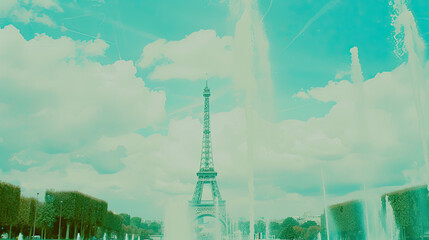 The Eiffel Tower stands tall among green trees under a blue sky with white clouds framed by fountain water jets