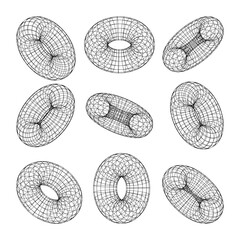 Wireframe shapes, lined torus. Perspective mesh, 3d grid. Low poly geometric elements. Retro futuristic design elements, y2k, vaporwave and synthwave style. Vector illustration