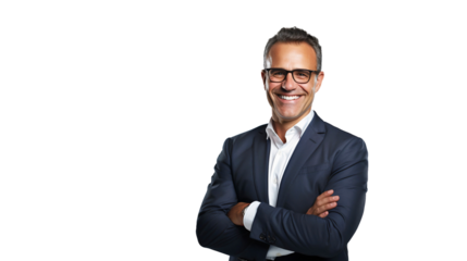 Happy smiling businessman wearing glasses, standing crossed arms, isolated on transparent background