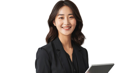 Portrait of a smiling young Japanese woman holding a tab for working, isolated on transparent background