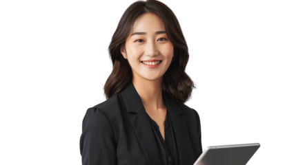 Portrait of a smiling young Japanese woman holding a tab for working, isolated on transparent background