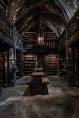 Fototapeta na wymiar Magical library, dark cathedral with acient books, magic world.