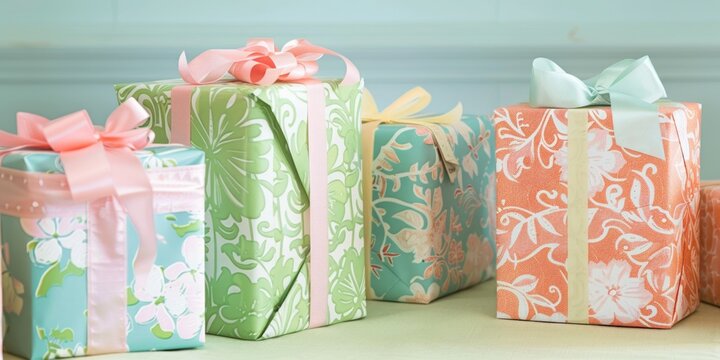 Elegant Gift Ensemble: The image presents an elegant ensemble of beautifully wrapped birthday gifts
