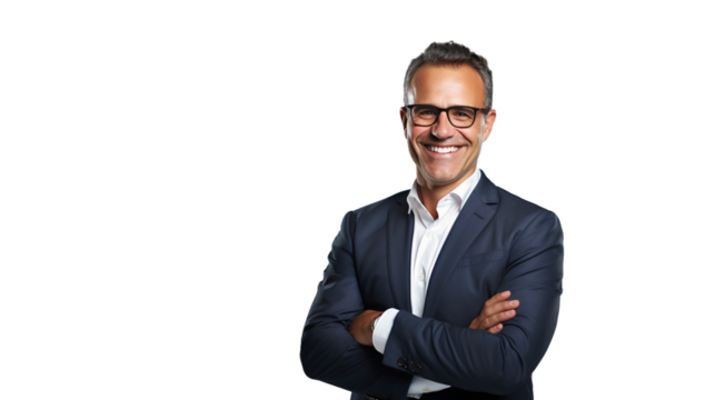 Happy smiling businessman wearing glasses, standing crossed arms, isolated on transparent background - Powered by Adobe