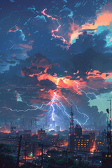 Fototapeta na wymiar Lightning strikes over a city