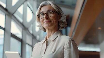 Smiling mature professional business woman bank manager, older happy female executive or lady entrepreneur holding digital tablet pad standing in office at work, looking away at copy space