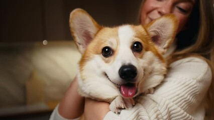 Home comfort: Woman cradles and adores her beautiful corgi dog with love