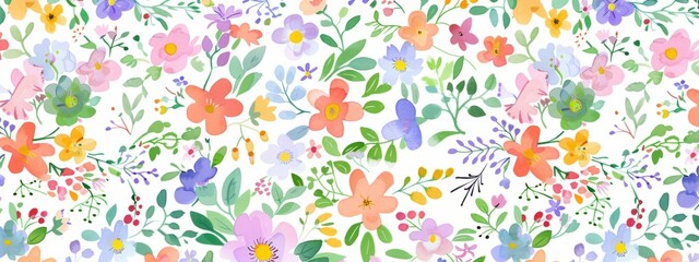 whimsical pattern of small pastel flowers and leaves, with a white background Generative AI