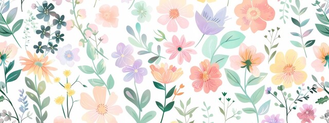 Colorful pastel spring floral pattern seamless background vector illustration on a white background Generative AI