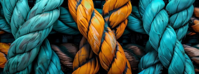 A closeup of a vibrant blue and orange rope, resembling the colors of electric blue and a sunset. The pattern is reminiscent of junk food packaging - obrazy, fototapety, plakaty