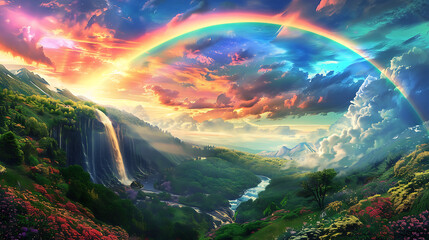 A majestic rainbow stretches across the horizon, its vibrant colors painting the sky with hues of red, orange, yellow, green, blue, indigo, and violet, arching gracefully over a lush landscape of roll