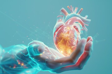Close up of doctor's hand with digital heart Light blue background, Organ Transplantation concept - obrazy, fototapety, plakaty