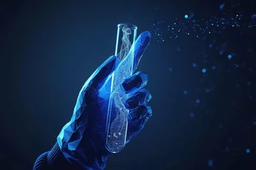 Fotobehang Hand holding test tube low poly wireframe on dark blue background.Concept of a scientist's hand holding a tube of medicine to treat a patient. or the discovery of new medicines © Eve Creative