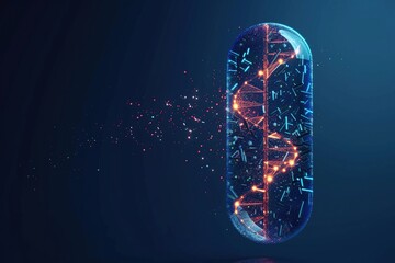 pill with DNA inside low poly wireframe on dark blue The concept of medicine that contains DNA or genes or genetic elements that are produced as a medicine is produced as a medicine. - obrazy, fototapety, plakaty