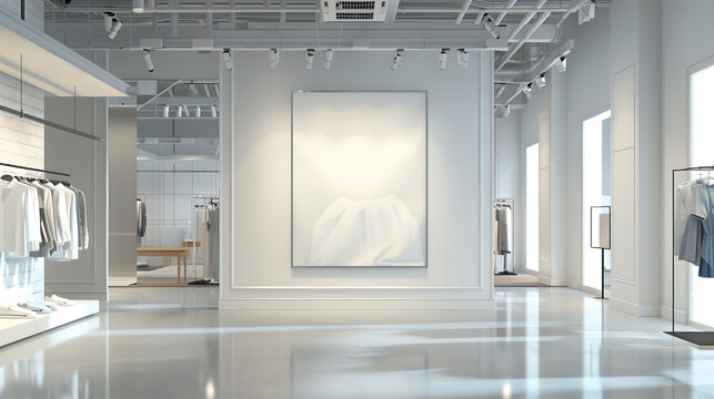 Blank poster frame with clothing store background