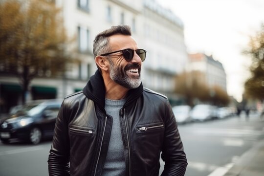 Portrait of a handsome mature man in sunglasses and a leather jacket.