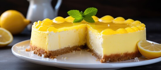 A freshly sliced homemade lemon cheesecake with a slice cut out of it, revealing its creamy texture and tangy lemon curd topping. - obrazy, fototapety, plakaty