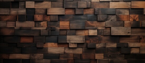 A wall constructed from wooden blocks stands out against a dark black background. The texture of the wooden panels adds depth and interest to the scene.
