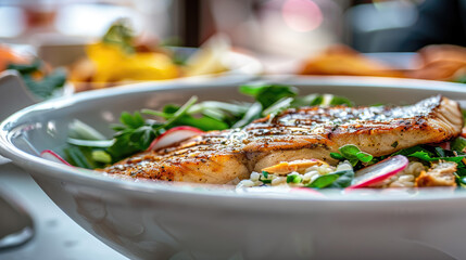 Closeup of a grilled fish fillet on a bed of fresh vegetables served in a white porcelain dish focused and garnished