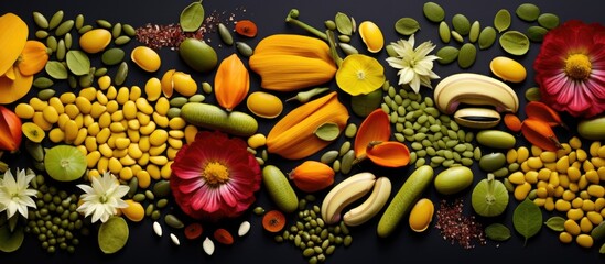 A colorful array of natural foods including fruits and vegetables are artfully arranged on a table,...
