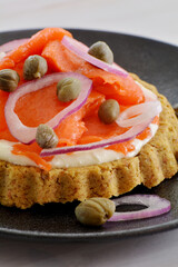 Smoked salmon on almond flax cake