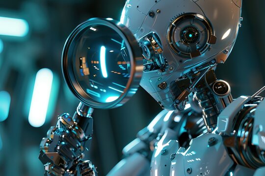 Image of an AI robot looking into a magnifying glass concept, information search by AI, evidence, search, research, prove the truth, solve cases, investigate science and technology.