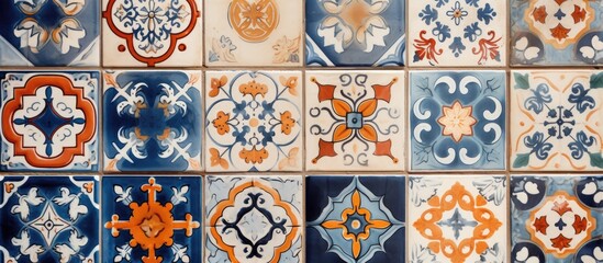 This close-up view showcases a tiled wall adorned with numerous intricate designs in an old Mediterranean style. The tiles feature a variety of patterns and colors,