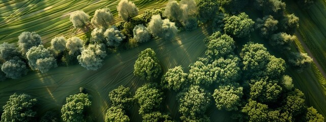 An aerial view of a dense forest with abundant terrestrial plants, grass, and a natural landscape. The lush greenery contrasts with the soil, creating a vibrant and serene scene