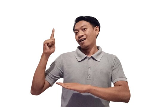 Young asian man is surprised and shouting wow with pointing right with his hand isolated on white background.