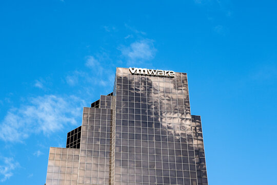 BELLEVUE, WA &ndash; FEB 16, 2024: VMWare modern glass office building in an urban city center
