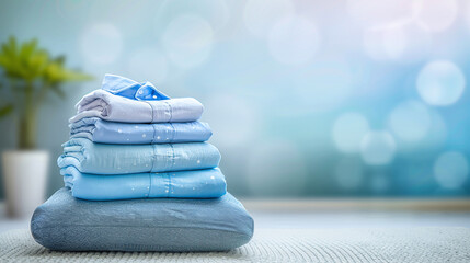 stack of folded clean laundry shirts, clothes, towels on a table, with feather dreamy softness, pastel colors, bokeh background, space for text