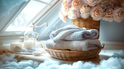 Fototapeta na wymiar stack of folded clean towels on a wicker basket, with feather dreamy softness, pastel colors, in a bathroom