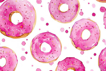 Watercolor pattern of pink glazed donuts with sprinkles on a white background