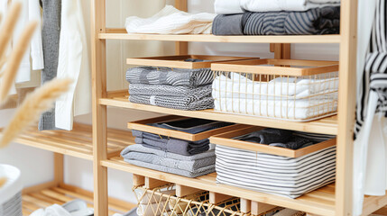 close-up of tidy wooden shelves, furniture with table cloths, bathroom stuff and towels