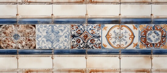 This close-up view showcases a tiled wall adorned with different designs, including antique patterns and decorative borders. The ceramic tiles create a visually striking backdrop,