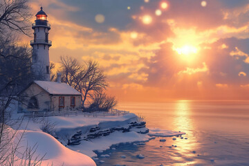  Lighthouse in beautiful winter sunrise on a lake