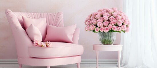 A modern room interior featuring a pink armchair positioned next to a glass vase filled with fresh pink roses. The vibrant flowers add a pop of color to the elegant decor.