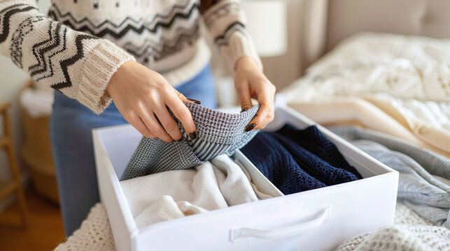 close-up of woman tidying clothes in a drawer, in a bedroom, tidy home, neat, clean