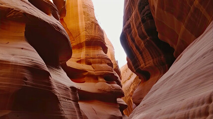A narrow canyon with smooth wavy sandstone walls in warm tones under a subtle light