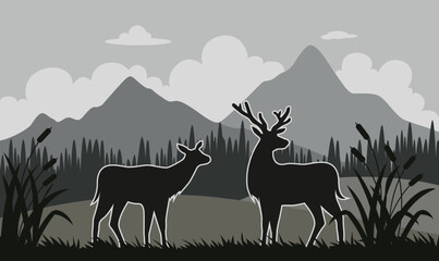 Deer with a natural background, lake and mountains with a touch of Black Gradation, Vector illustration