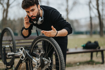 Focused businessman multitasking by fixing a bicycle in the park while talking on the phone,...