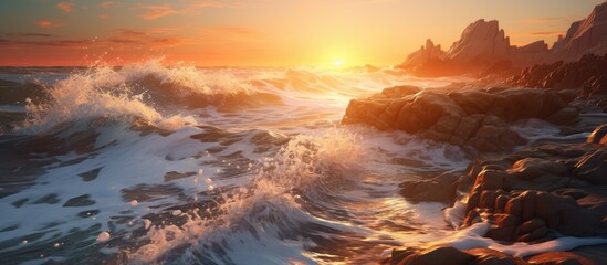 As the sun sets over the ocean, the waves crash against the rocks under a red sky at dusk, creating a stunning natural landscape with a serene afterglow
