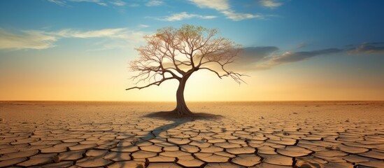 A lone tree stands in the middle of a dry desert, silhouetted against the colorful sky at sunset, casting long shadows on the plain landscape