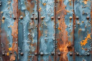 Abstract Texture of Rusty Blue Metal Surface with Peeling Paint and Rust Stains for Industrial Background