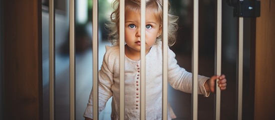 A young girl, possibly curious or confused, stands behind the sturdy bars of a jail cell. She holds onto the top of the bars and gazes directly at the camera. - obrazy, fototapety, plakaty