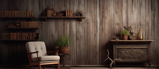 Obraz na płótnie Canvas A wooden chair sits against a vintage brown wooden wall in a room. The simple and rustic design adds warmth and character to the space.