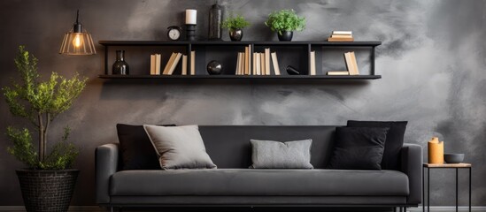 In the living room, there is a black couch and a bookshelf made of wood. The room is furnished with a rectangleshaped couch, bumper, and an automotive tire used as a unique piece of furniture